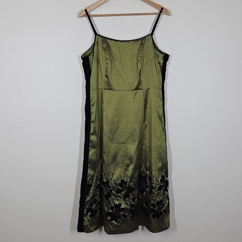 Vtg 90s Y2K Green Black Velvet Floral Midi Dress Fairy Forest Garden Whimsy 12P